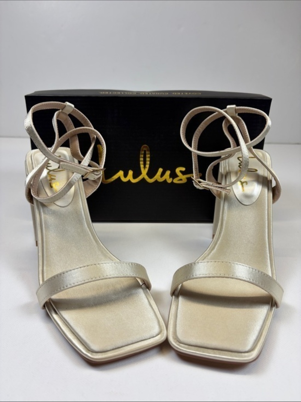 LULUS AKRISNA CHAMPAGNE SATIN BLOCK HEEL SANDALS SIZE 6.5